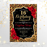 Convites 16.º Aniversário - Impressão Leopardo Rosa vermelh<br><div class="desc">16.º Convite de Aniversário. Elegante design branco preto vermelho e branco com ouro brilhante falso. Apresenta a impressão de animais leopardo cheetah,  fonte de script e rosas. Perfeito para uma bolsa mensageifesta de aniversario elegante. Pode ser personalizado em qualquer ano! Envie-me uma mensagem se precisar de mais personalização.</div>