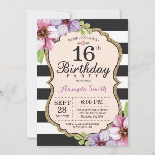 Convites 16.º Aniversário, Mulheres. Preto Dourado Floral