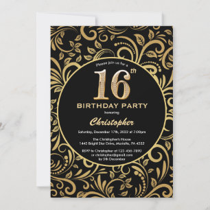 Convites 16.º Aniversário Padrão Floral Dourado e Preto