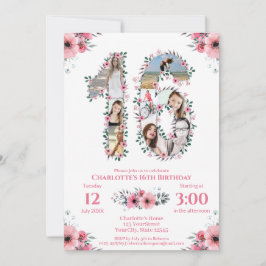 Convites 16.º Aniversário Rapariga Foto Colagem Rosa Flor B