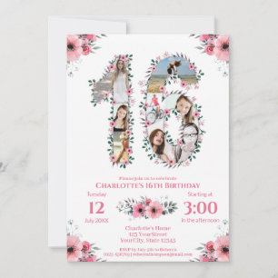 Convites 16.º Aniversário Rapariga Foto Colagem Rosa Flor B