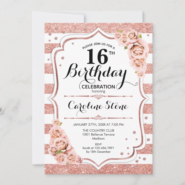 Convites 16.º Aniversário - Rosa Douradas Estirpes Brancas (Frente)