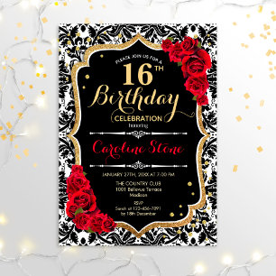 Convites 16.º aniversário - Rosas vermelhas Douradas pretas