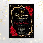 Convites 16.º aniversário - Rosas vermelhas Douradas pretas<br><div class="desc">Concurso de comemoração do 16º aniversário. Design preto elegante com ouro e rosas vermelhas brilhantes falsos. Perfeito para uma bolsa mensageifesta de aniversario elegante. Pode ser personalizado em qualquer idade.</div>