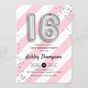 Convites 16.º aniversário - Stripes rosa e balões prateados
