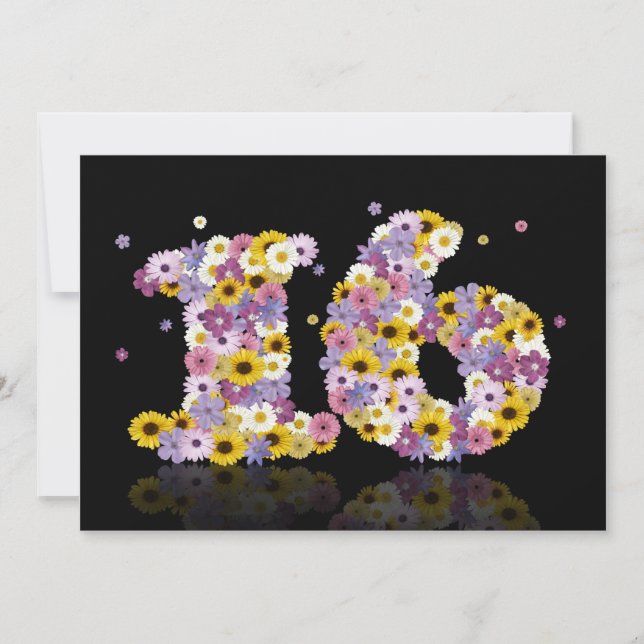 Convites 16.a Festa de aniversário, com letras floridas (Frente)