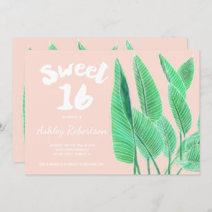 Convites 16 folhas tropicais cor-de-água rosa moderno