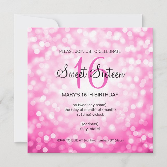 Convites 16 luzes brilhantes cor-de-rosa doces (Frente)