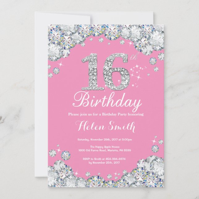 Convites 16.o Aniversário - Diamante Rosa e Silver (Frente)