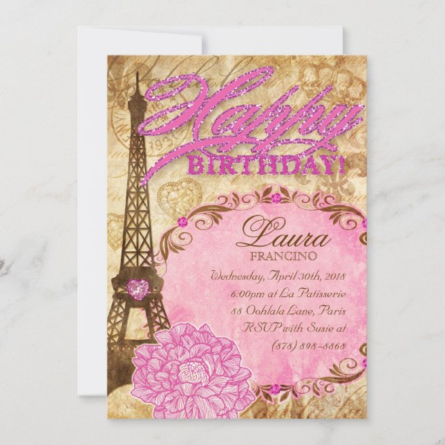Convites 16 Santa Torre Eiffel Rosa Vintage (Frente)
