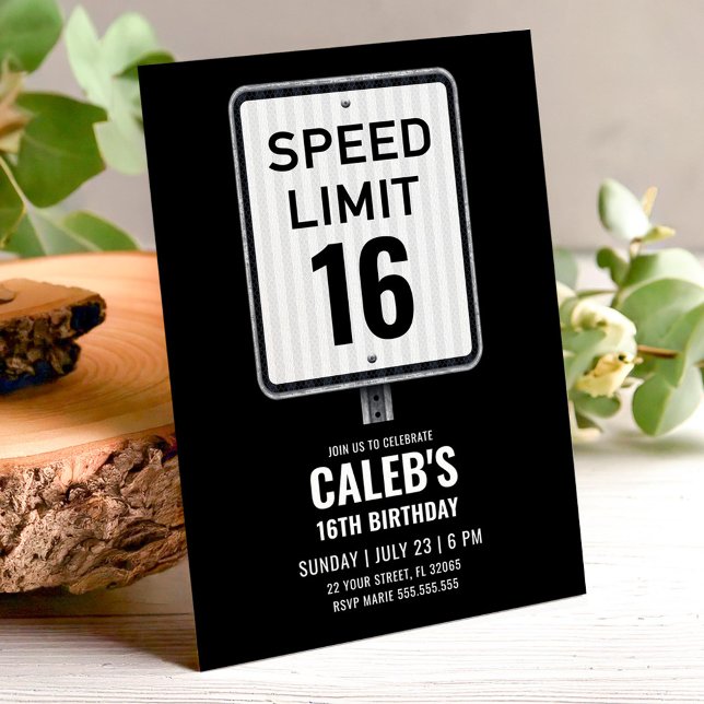 Convites 16th Birthday Speed Limit Black and White Sign (Criador carregado)