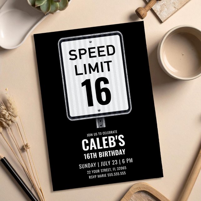 Convites 16th Birthday Speed Limit Black and White Sign (Criador carregado)