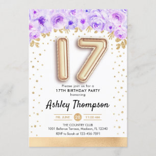 Convites 17.ª Festa de aniversário - Dourados Balões Roxo