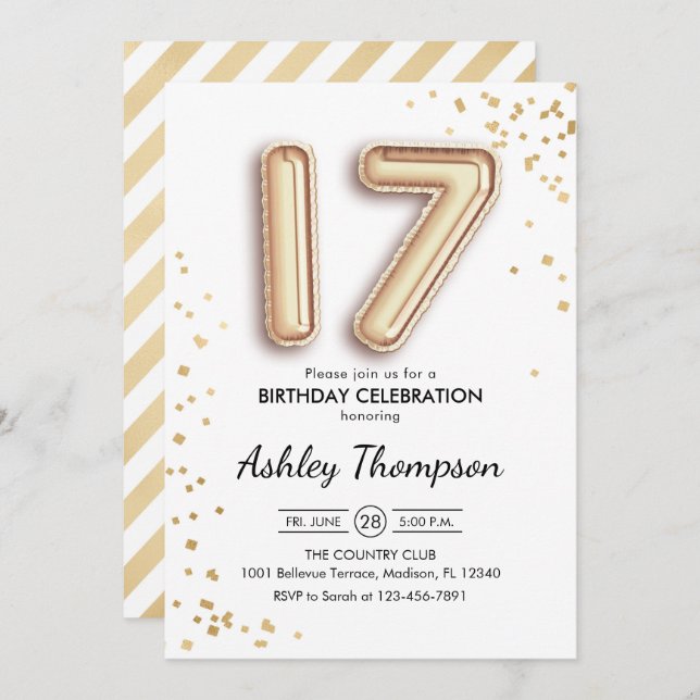 Convites 17.º aniversário - Balões Dourados (Frente/Verso)