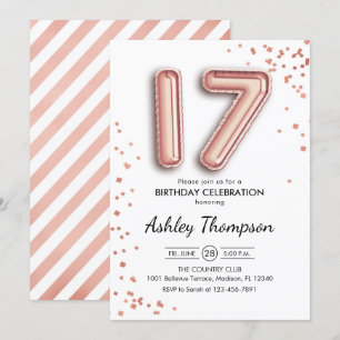 Convites 17.º Aniversário - Balões Rosa Dourados