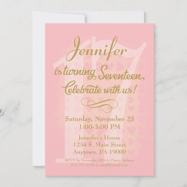 Convites 17.º Aniversário Chamam Meninas de Corações Dourad (Frente)