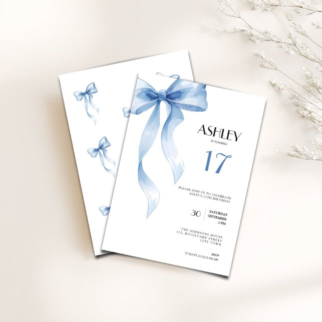 Convites 17th Birthday Invitation Blue Bow for Girls (Blue bow coquette 17th birthday invitation for girls)