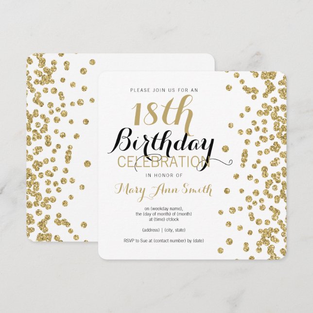 Convites 18º Aniversário Dourado Faux Glitter Confetti Whit (Frente/Verso)