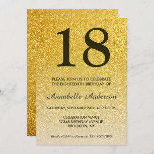 Convites 18º Aniversário Glam Black Glitter Ombre Dourado