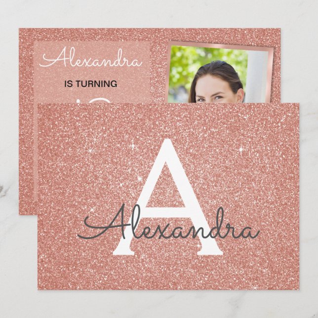 Convites 18.ª Foto rosa-rosa-azul com Rosa de cintilação Do (Frente/Verso)