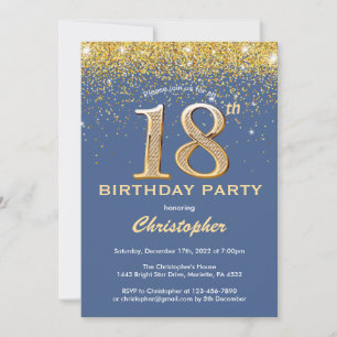 Convites 18.º Aniversário, Azul e Dourada Glitter Confetti