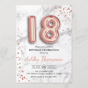 Convites 18.º aniversário - Efeito Marble dos Balões Dourad