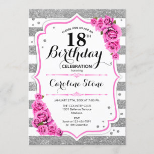Convites 18.º aniversário - Rosas rosa prateadas brancas