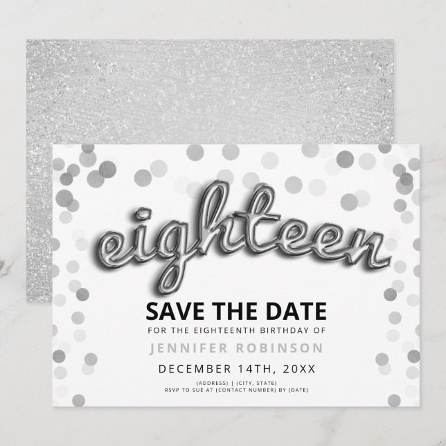 Convites 18.º aniversário Salvar a Data do Balão de Prata (Frente/Verso)