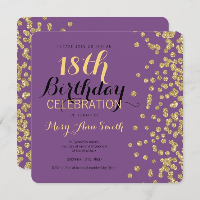Convites 18o Roxo Dourado dos confetes do brilho do falso (Frente/Verso)