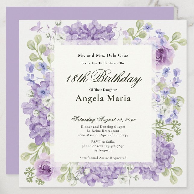 Convites 18th Birthday Invitation Elegant Purple Flowers (Criador carregado)