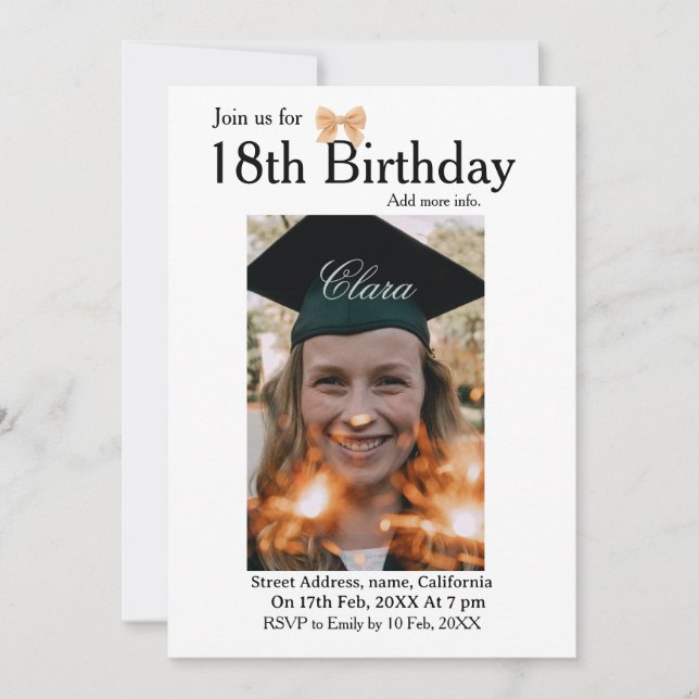 Convites 18th birthday simple minimal bow white photo name (Frente)