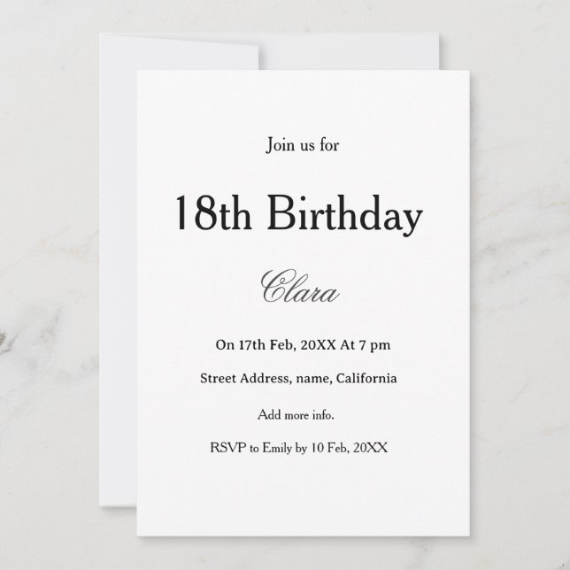 Convites 18th birthday simple name minimal black white  (Frente)