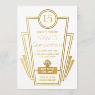 Convites 1920 da Quinceanera Art Deco Gatsby Dourado