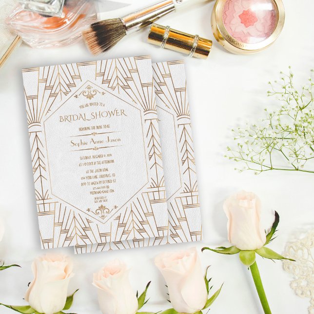 Convites 1920 Gatsby do Excelente Branco Dourado Real (trendy white gold Art Deco bridal shower invitation, roaring 20s elegant bridal shower invite, )