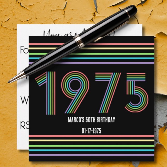 Convites 1975 Retro Vintage Rainbow 50º aniversário Negro (Criador carregado)