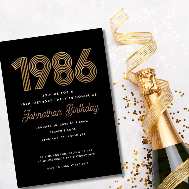 Convites 1986 Black and Faux Gold 40th Birthday Invitation  (1986 Black and Gold 40th Birthday Invitation)