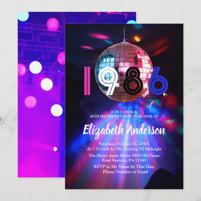 Convites 1986 Disco Ball 40th Birthday Party Invitation (Frente/Verso)