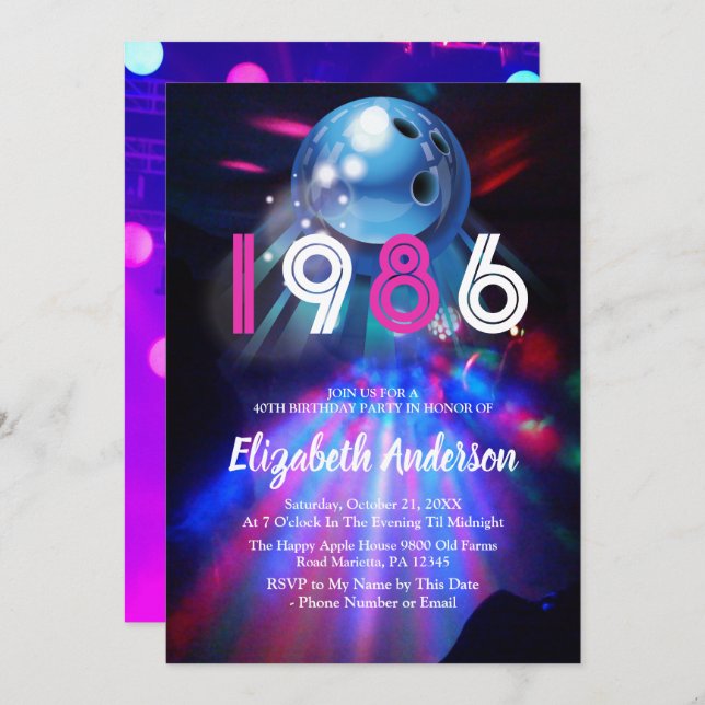 Convites 1986 Disco Bowling  40th Birthday Party Invitation (Frente/Verso)