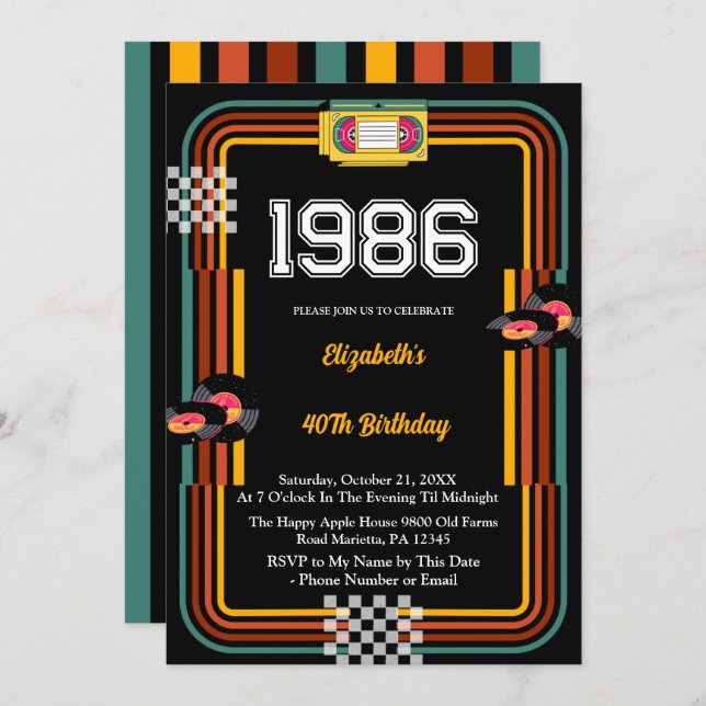 Convites 1986 Retro Cassette Disco 40th Birthday (Frente/Verso)