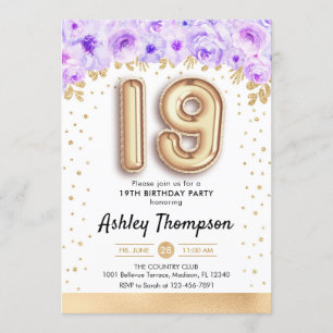 Convites 19.ª Festa de aniversário - Dourados Balões Roxo