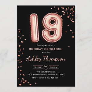 Convites 19.º aniversário - Balões Dourados Rosa preto