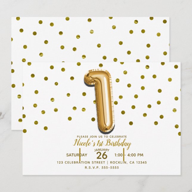 Convites 1 Balão Dourado e Confetes Aniversário de 1 Ano (Frente/Verso)