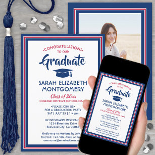 Convites 1 Foto Elegante Graduação de Azul Branco Vermelho
