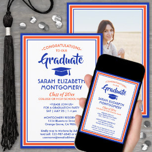 Convites 1 Graduação Elegante de Foto Laranja e Azul