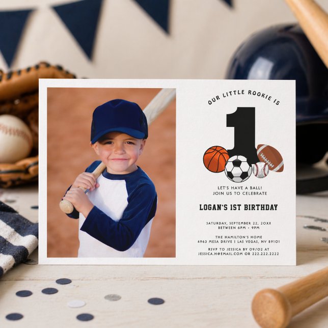 Convites 1 Tema de Esportes com Bola Aniversário de 1 ano d (1 Ball Sports Theme Boy’s 1st Birthday Invitation)