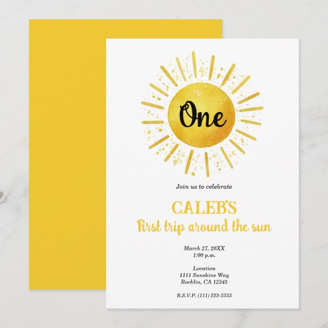 Convites 1rua a caminho da Festa de aniversário Sun 1 (Frente/Verso)