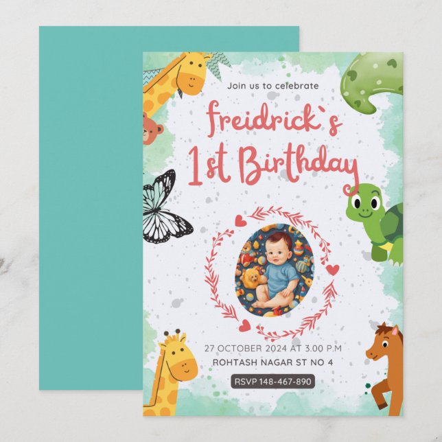 Convites 1rua de nascimento azul azul de água azul (Frente/Verso)