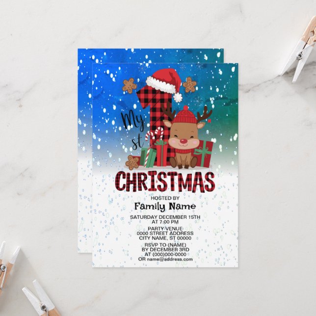 Convites 1rua de Natal Santa Hat White Snow Reindeer (Frente/Verso In Situ)