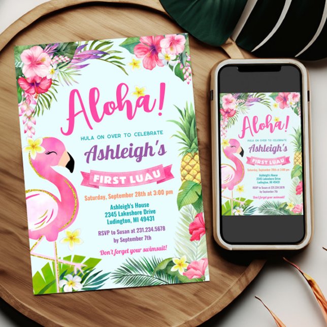 Convites 1rua Luau Aniversário do Verão Tropical (1st Luau Birthday Invitation Template - Luau First Birthday - Tropical Birthday Theme)