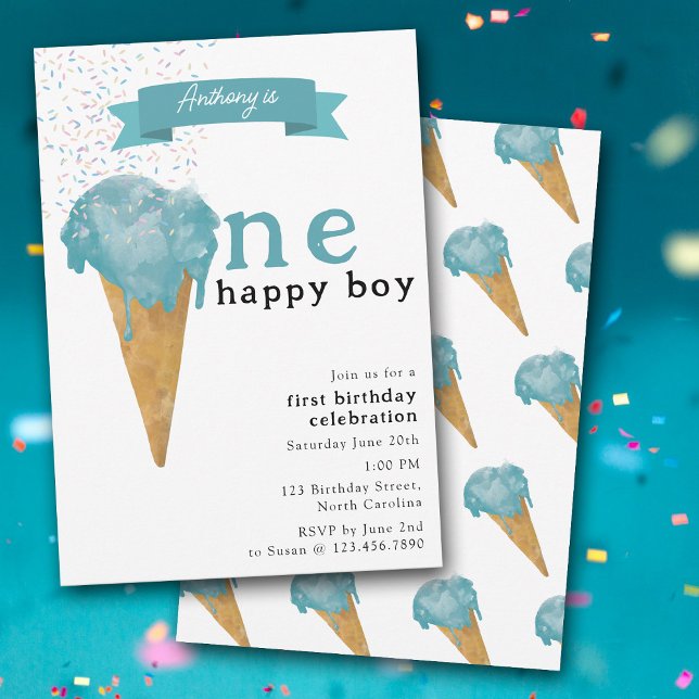 Convites 1rua Primeiro Aniversário Um Feliz Sorvete Azul (1st First Birthday One Happy Boy Blue Ice Cream Invitation)